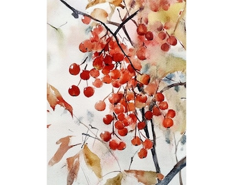 ナナカマドの木の絵画 赤いナナカマドの実 水彩画 アートプリント 秋の