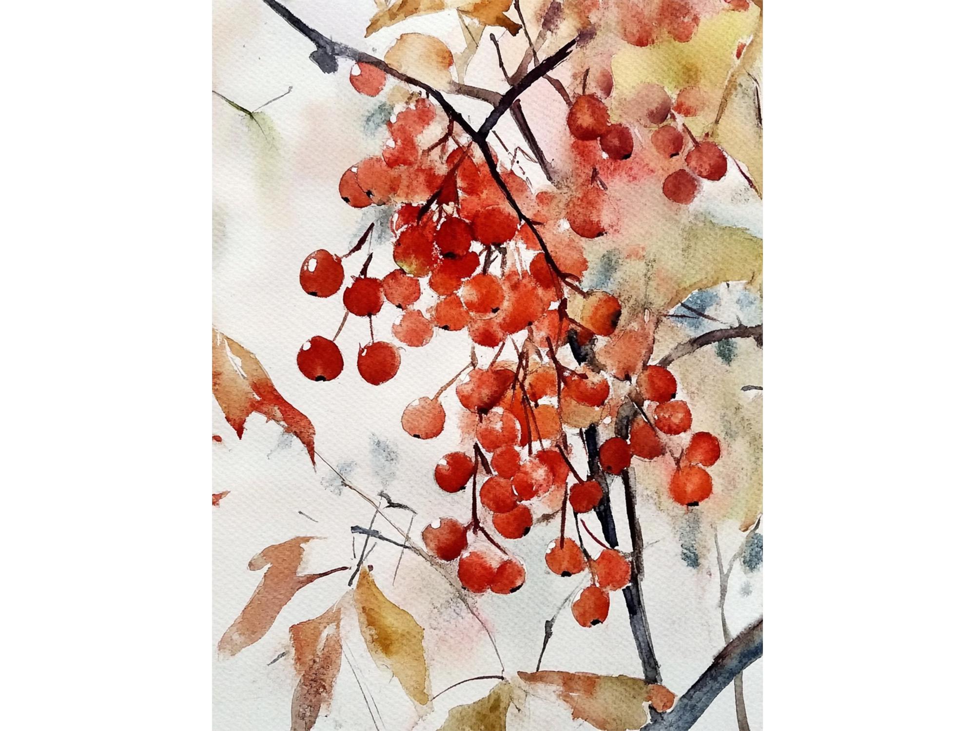 ナナカマドの木の絵画 赤いナナカマドの実 水彩画 アートプリント 秋の