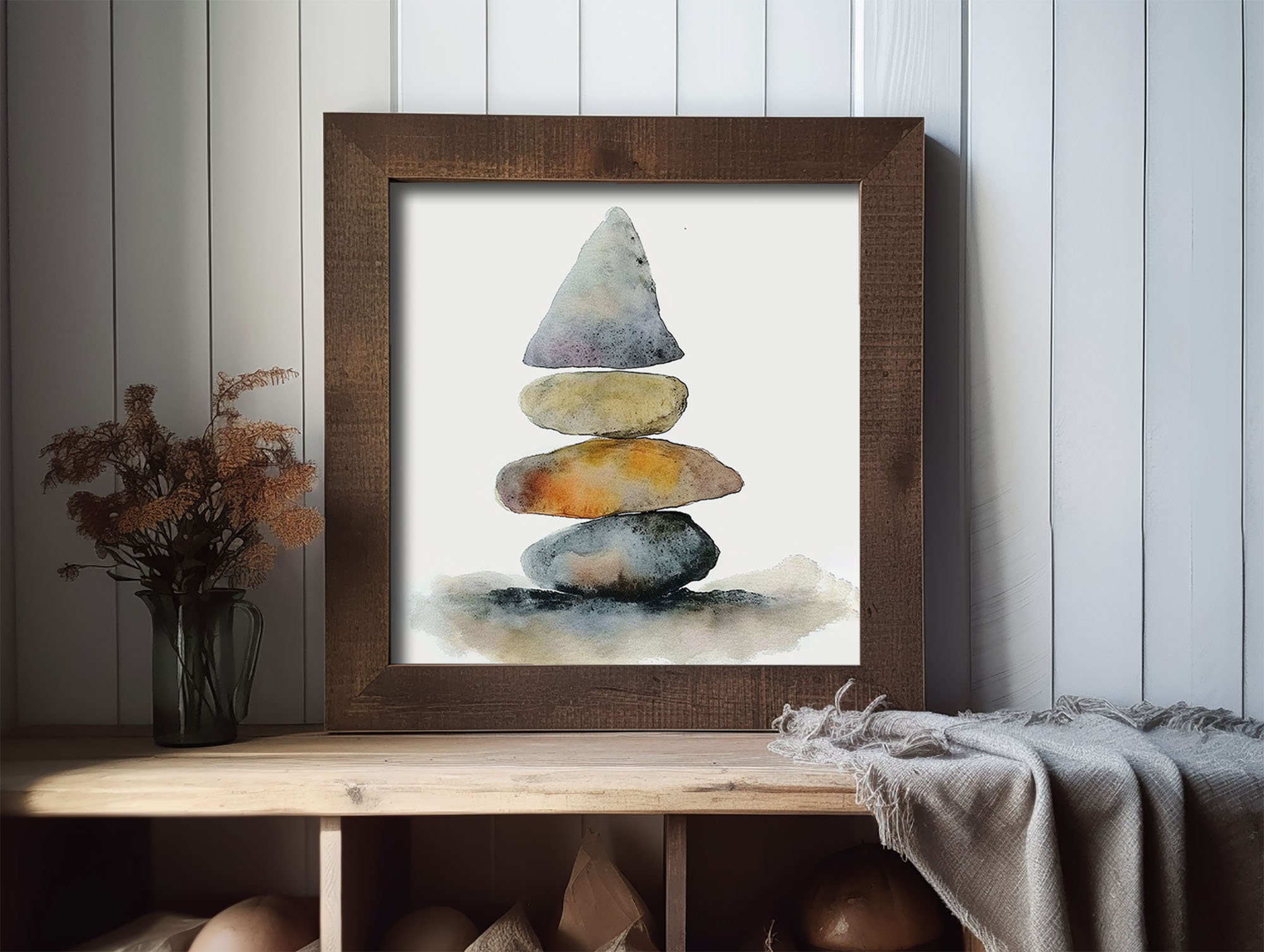 バランスのとれた石の絵画 積み重ねられた石 水彩画 アートプリント 禅