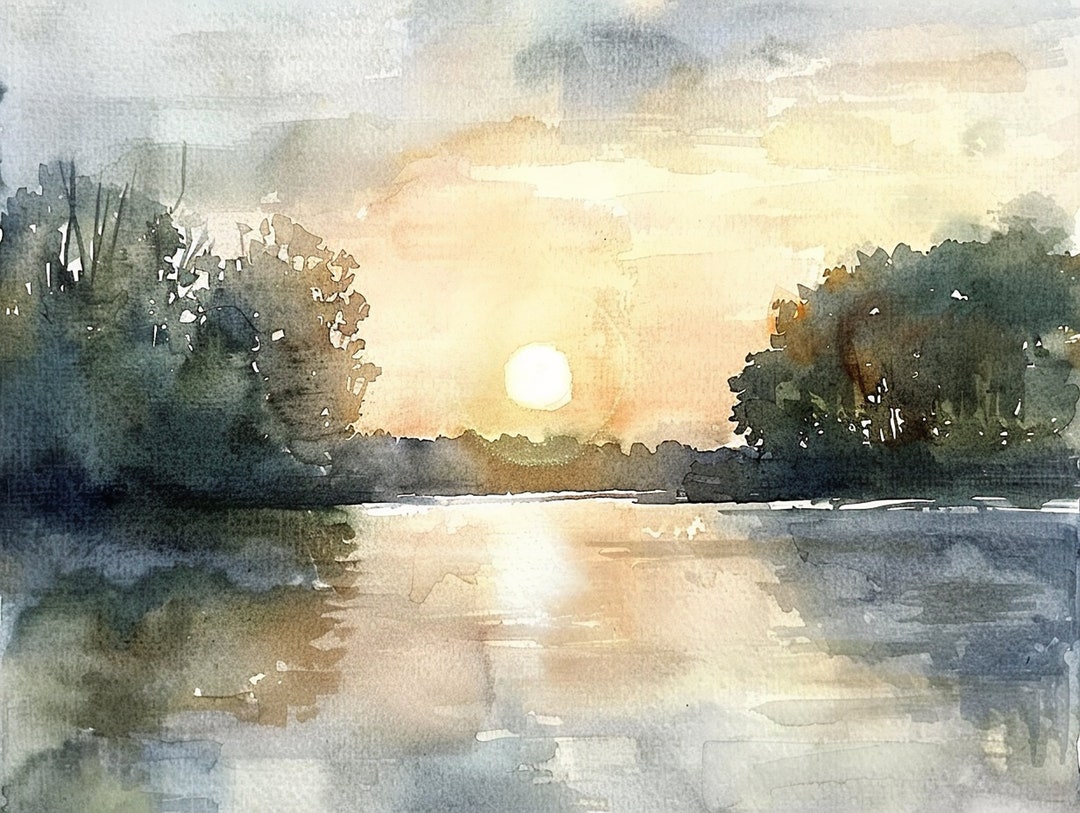 Michigan Painting Sunrise Forest Lake Art Print Large Watercolor ...