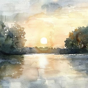 Missouri Malerei Sonnenaufgang Wald See Kunstdruck Großes Aquarell minimalistisches Poster Great Lakes Landschaft Wandkunst Neutral Braun Druck