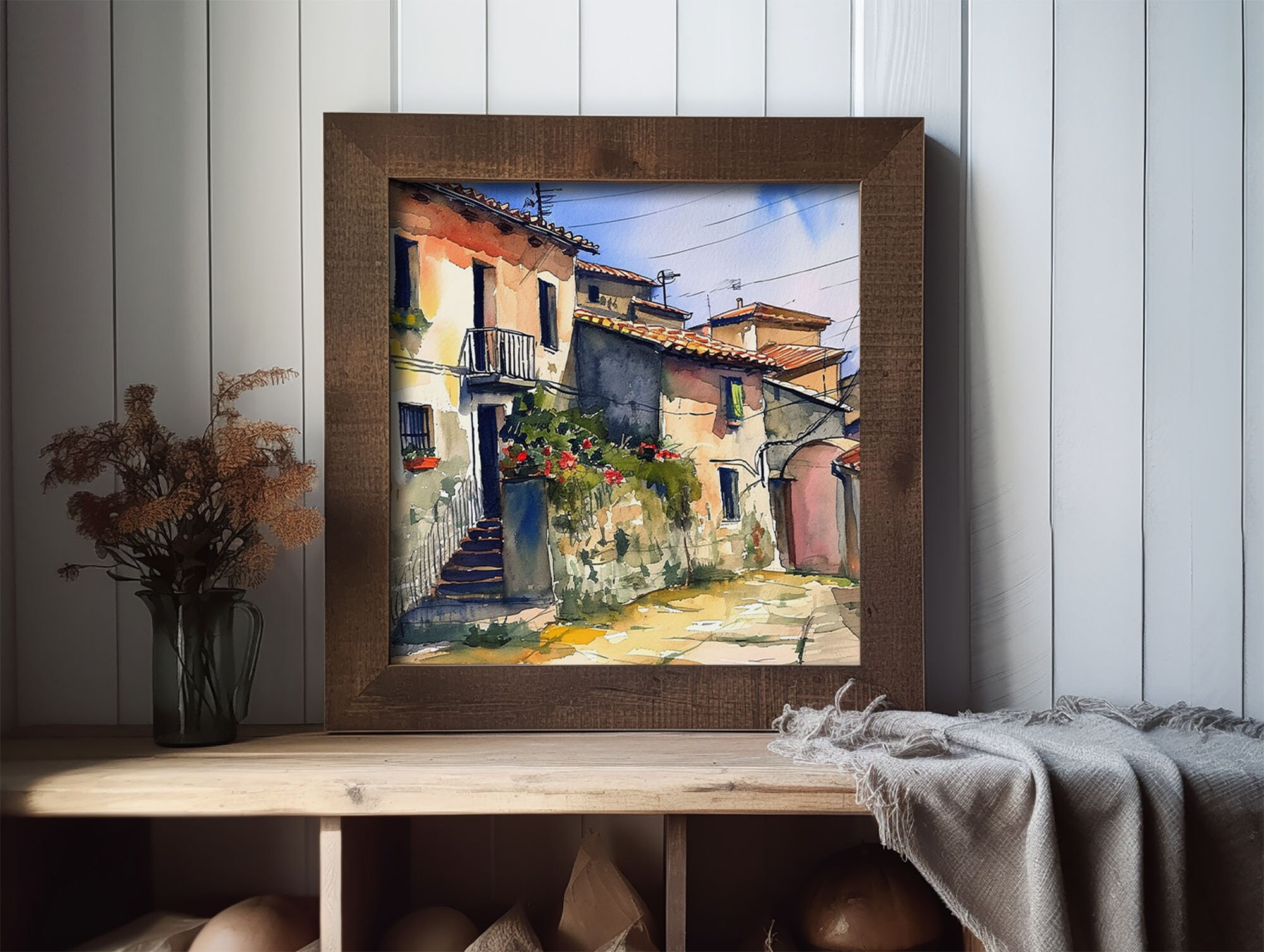 色鉛筆画A4 南イタリアの窓辺 カラブリア絵画 南イタリア 水彩画 イタリアの村のアートプリント