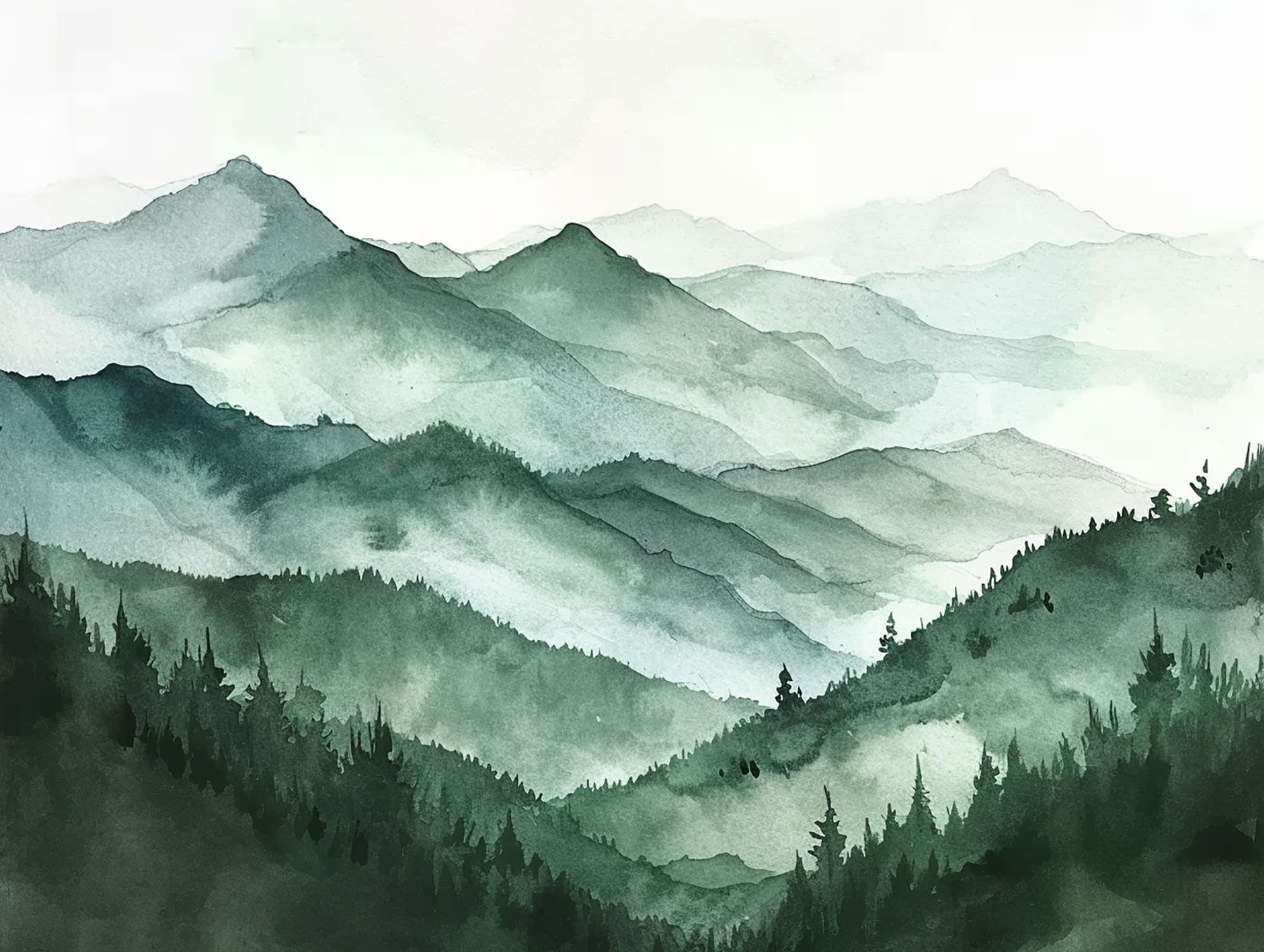 絵画 Evergreen Valley Green Mountains Painting Pine Forest Watercolor Art Print