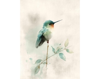 Könnte beinhalten: Ein Aquarellbild eines kleinen Kolibris, der auf einem dünnen Zweig mit hellgrünen Blättern sitzt. Der Vogel zeigt sanfte Blau- und Türkistöne sowie einen Hauch von Orange an der Kehle, vor einem gedämpften, neutralen, cremefarbenen Hintergrund.
