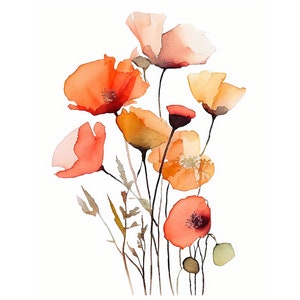 Poppies Watercolor Painting Floral Art Print Farmhouse Wall Decor Minimalist Wall Art Orange Poppy Poster