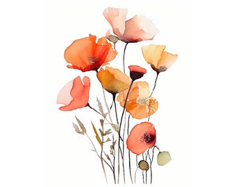 Poppies Watercolor Painting Floral Art Print Farmhouse Wall Decor Minimalist Wall Art Orange Poppy Poster