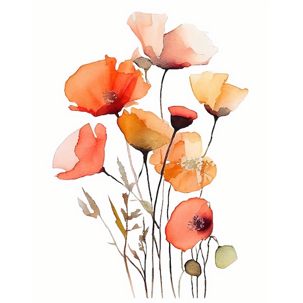 Coquelicots Aquarelle Peinture Floral Art Print Ferme Mur Décor Minimaliste Mur Art Orange Coquelicot Affiche