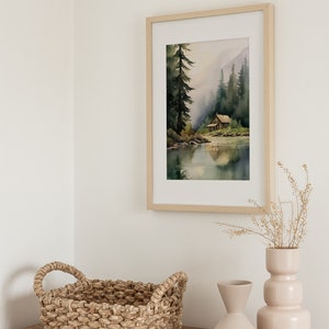 Forest Cabin Painting Tahoe Lake Art Print Mountain Forest Landscape Watercolor Painting Minimalist Wall Art image 3