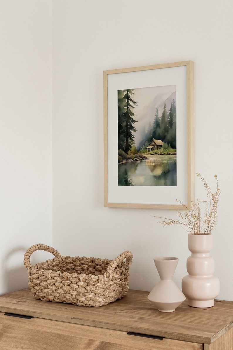 Forest Cabin Painting Tahoe Lake Art Print Mountain Forest Landscape Watercolor Painting Minimalist Wall Art image 3