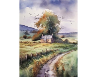 Westmeath Watercolor Painting Irish Farm Print Ireland Landscape Wall Art Old Farmhouse Art Prints Neutral Wall Decor