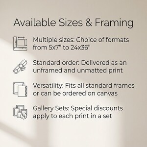 May include: Image displays text: "Available Sizes & Framing." It lists multiple sizes from 5x7 inches to 24x36 inches. Standard orders are delivered as unframed and unmatted prints. Versatility: Fits all standard frames or can be ordered on canvas. Gallery Sets: Special discounts apply.