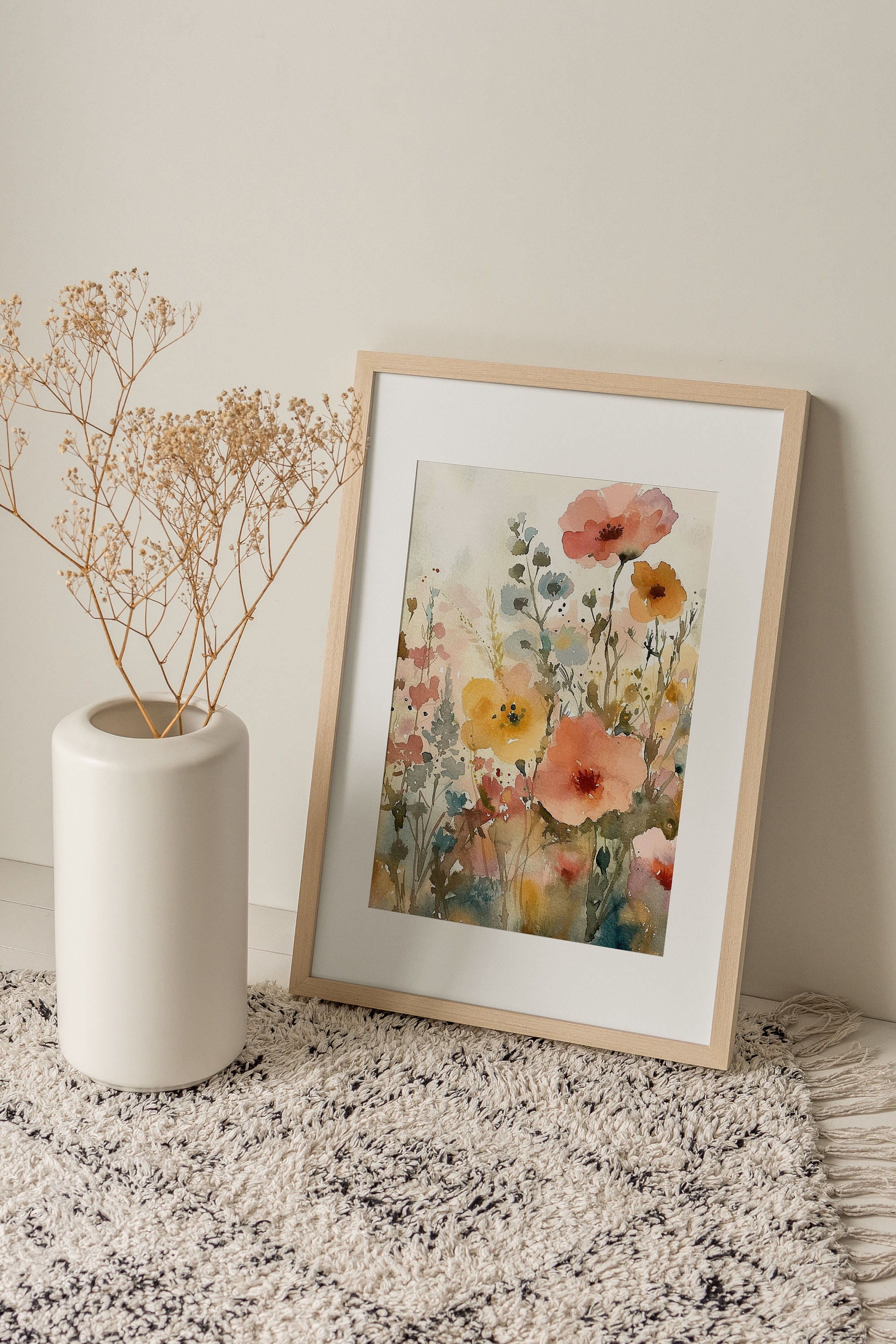 野花の絵画 春の花 水彩画 アートプリント 花畑 壁アート 風景画 草原