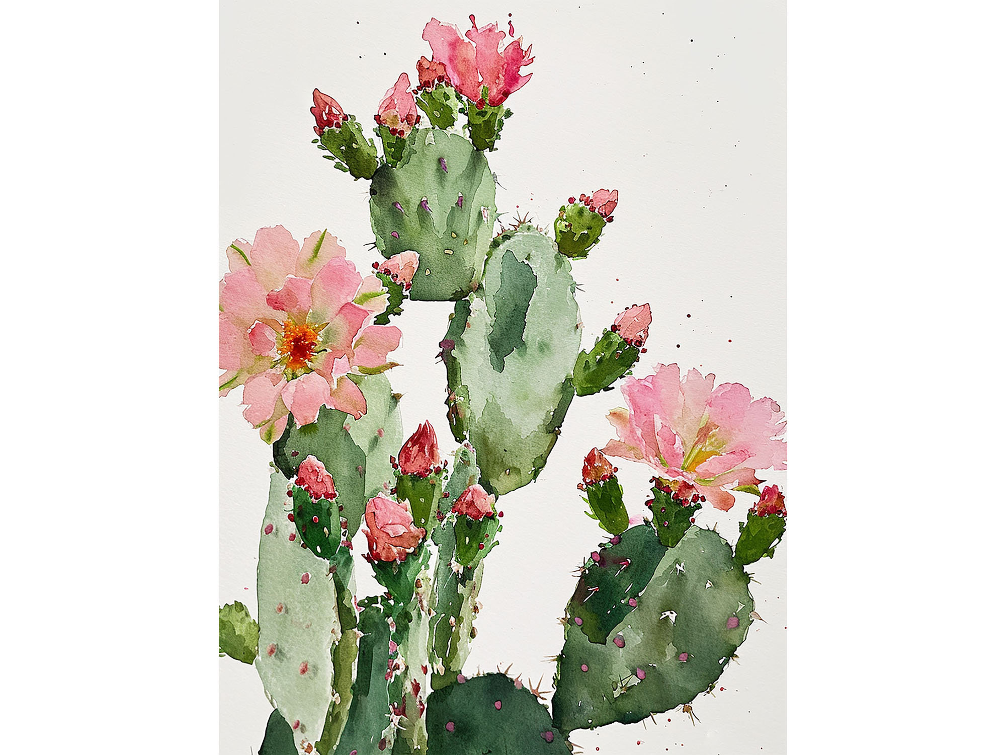 サボテンの絵画 咲くサボテンの水彩画アートプリント 多肉植物の壁