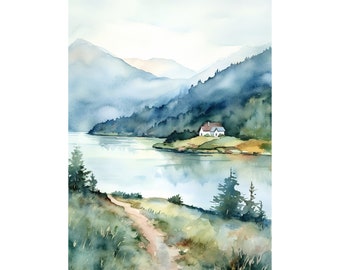 アディロンダック山脈の絵画 2 枚セット 霧深い山の水彩画プリント 山