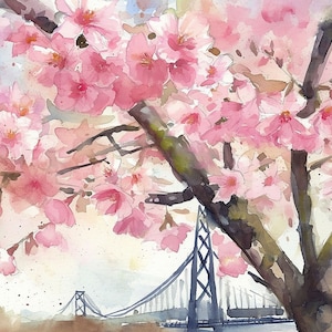 ポートランドの絵画 桜の水彩画 アートプリント 都市景観 壁アート 桜のアートワーク 春の壁装飾