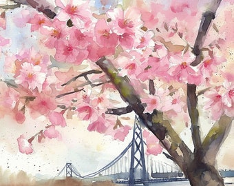 桜の絵画 桜の木の水彩画アートプリント 咲く木のプリント 桜の