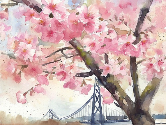 サンフランシスコベイブリッジの桜の水彩画、ソフトピンクのパステル