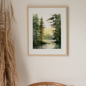 Forest Lake Watercolor Art Acadia Painting Eagle Lake Art Print Abstract Landscape Pine Forest Wall Art Log House Decor image 3