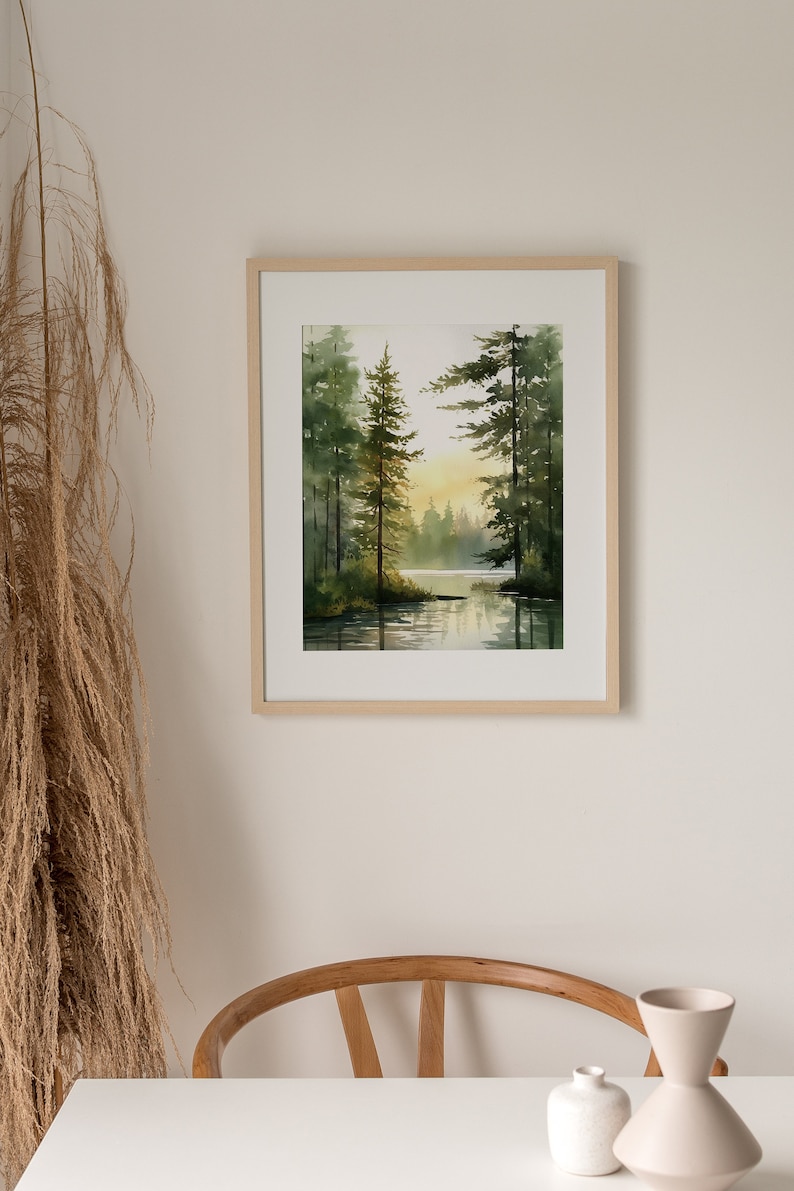 Forest Lake Watercolor Art Acadia Painting Eagle Lake Art Print Abstract Landscape Pine Forest Wall Art Log House Decor image 3