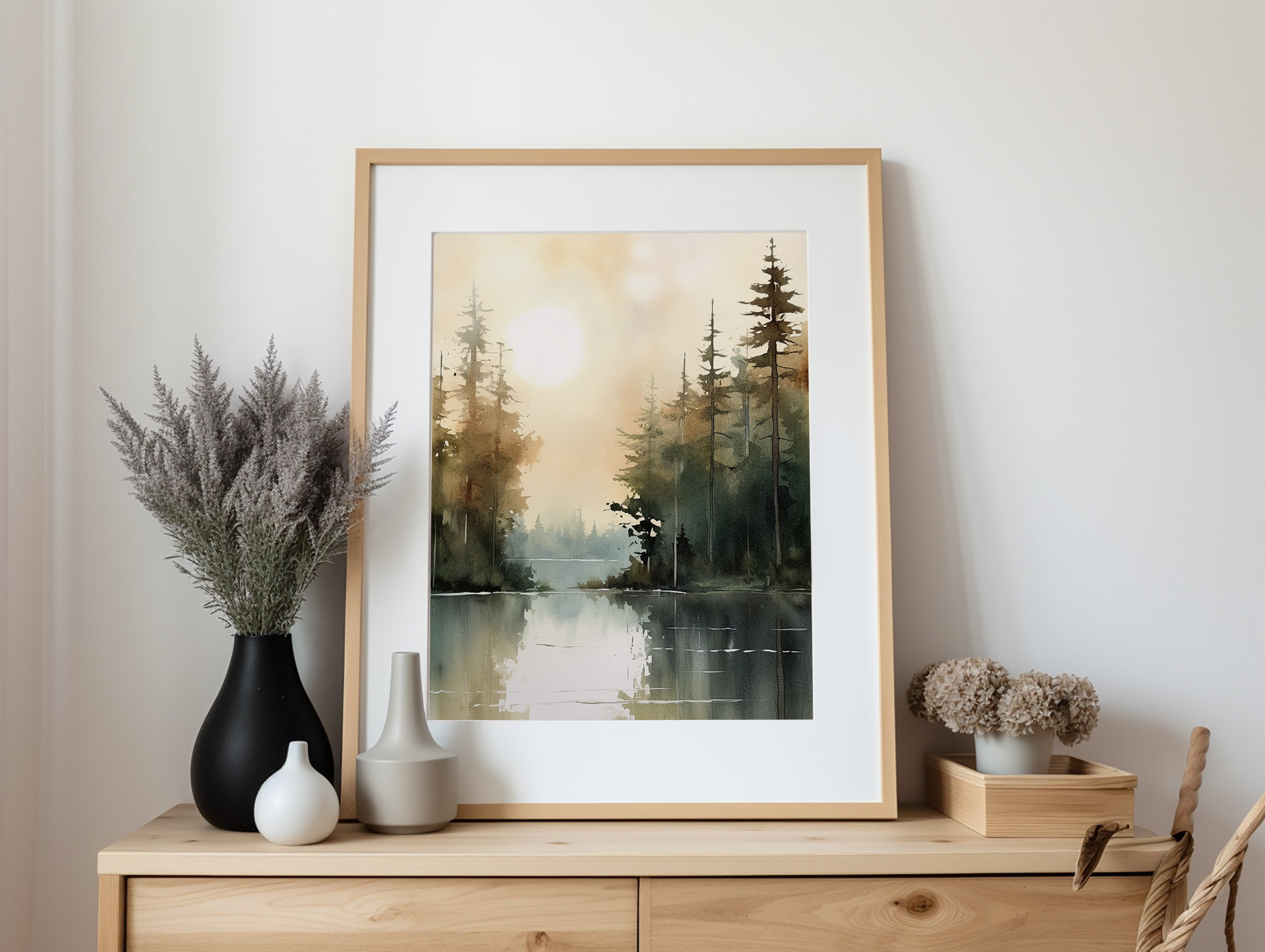 Sunrise Forest Lake Painting Neutral Brown Landscape Michigan Art Print ...