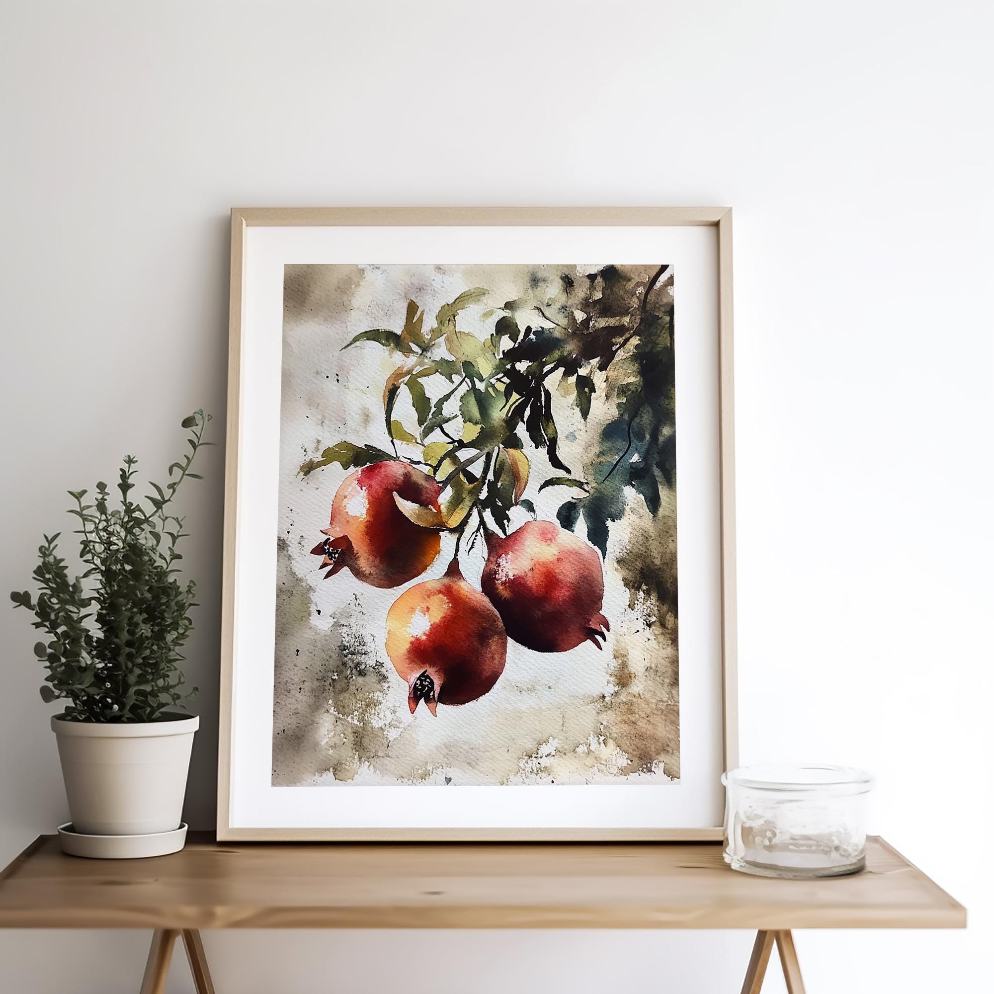 ザクロの絵画 フルーツ 水彩画 枝に実ったザクロ 壁アート 農家の