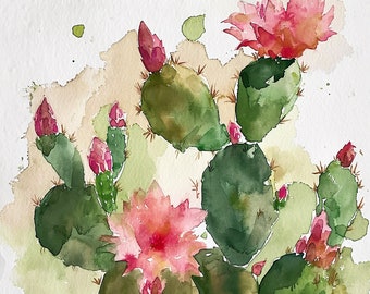 Puede incluir: Pintura acuarela de una planta de cactus con flores rosas y hojas verdes. El cactus está pintado en un estilo realista con detalles delicados.