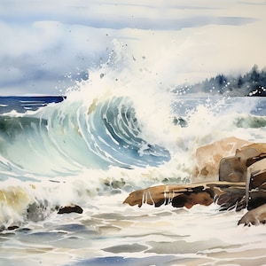Lake Superior Painting Big Wave Watercolor Art Print Great Lakes Landscape Rock Shoreline Wall Art Michigan Art Print