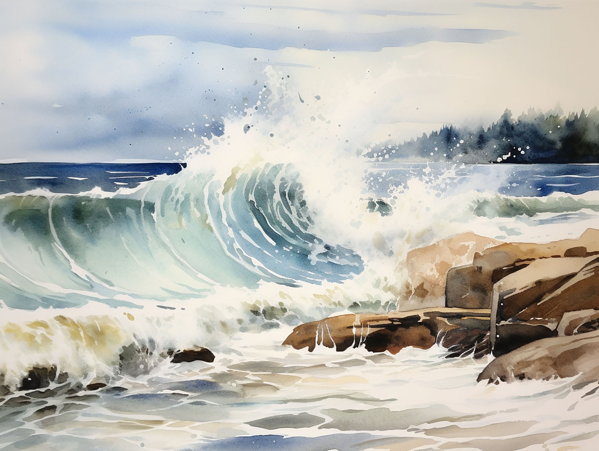 Lake Superior Painting Big Wave Watercolor Art Print Great Lakes Landscape Rock Shoreline Wall Art Michigan Art Print