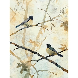Pintura de pájaros, pájaro en rama, arte de acuarela, impresión, arte de pared de animales salvajes, póster minimalista, decoración de pared de granja