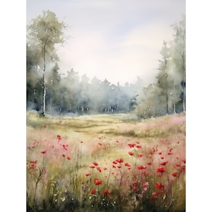 Meadow Painting Watercolor Poppy Art Print Forest Field Wall Art Idaho Wildflowers Nature Painting