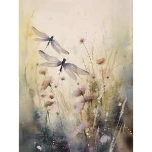 Cuadro de libélula, campo de flores silvestres, impresión artística, póster floral neutro, flores, impresión artística grande, obra de arte botánica en acuarela