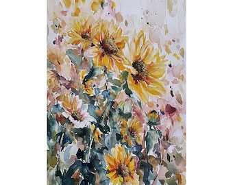 Sunflower Painting Wild Sunflowers Watercolor Art Print Wildflowers Field Landscape Wall Art Floral Artwork Spring Wall Decor