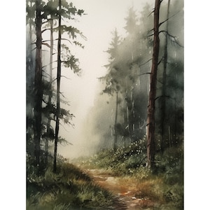 Forest Road Aquarell North Carolina Landschaft Neblig Kiefern Bäume Wand Kunst Zen Beruhigenden Wald Wand Dekor