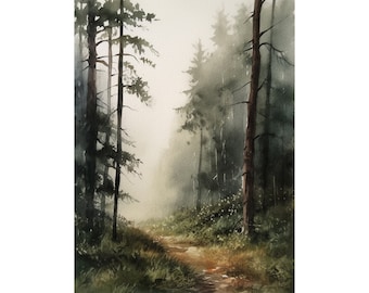 Forest Road Watercolor North Carolina Landscape Foggy Pine Trees Wall Art Zen Calming Forest Wall Decor