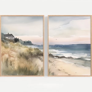 Beach House Print 2er Set North Carolina Küsten Aquarell Beachy Landschaft Kunstdruck Küstenlinie Wandkunst Neutral Blau Beige Poster