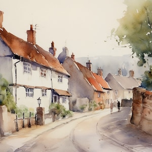 Lacock pintura Wiltshire arte impresión acuarela paisaje urbano pared arte Inglaterra pueblo arte antigua casa calle arte bellas artes decoración de la pared