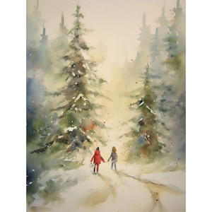 クリスマスの絵画 二人の姉妹のアート 冬の森の風景 木々の間を歩く家族 水彩画 クリスマスツリーのアートワーク
