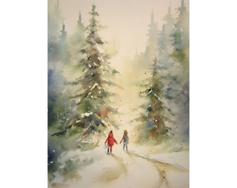 Pintura navideña Arte de dos hermanas Paisaje del bosque de invierno Paseo familiar entre árboles Acuarela Árbol de Navidad Obra de arte