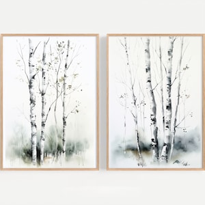 Forest Tree Watercolor Paintings Set of 2 Prints Aspen Birch Tree Wall Art Minimalist Wall Decor Birches Artwork