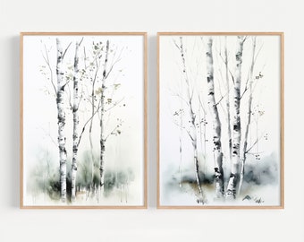 Forest Tree Watercolor Paintings Set of 2 Prints Aspen Birch Tree Wall Art Minimalist Wall Decor Birches Artwork