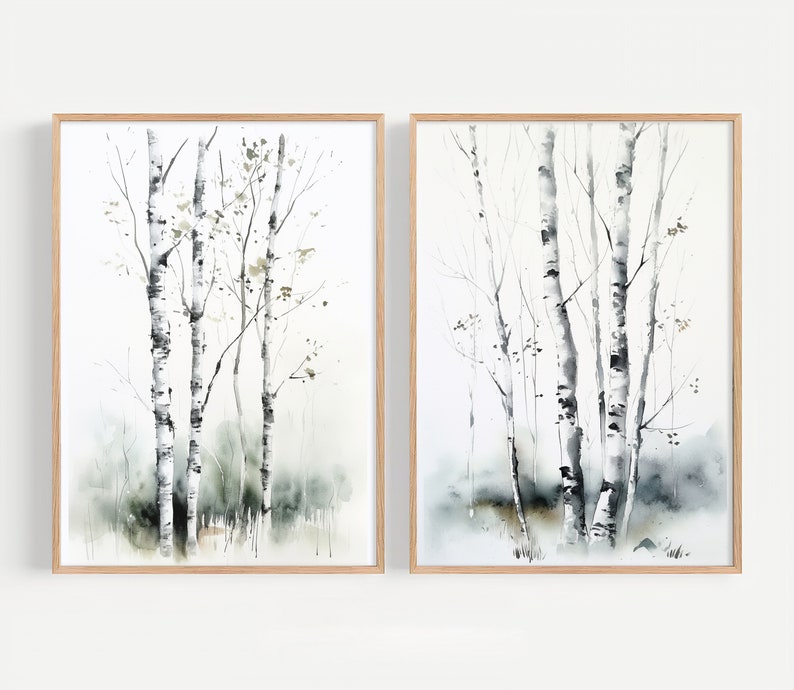 Forest Tree Watercolor Paintings Set of 2 Prints Aspen Birch Tree Wall ...