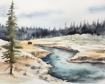 Yellowstone Peinture Parc National Art Print Wyoming Paysage Aquarelle Buffalo Wall Art Mountain Forest Artwork