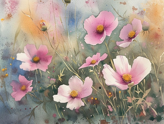 ピンクのコスモスの花の絵画 野生の花畑 水彩画 春の風景 壁アート 花