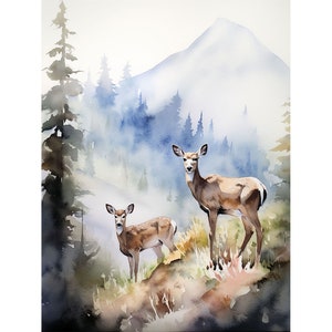 Hirsch Gemälde Mount Adams Aquarell Kunstdruck Hirsch Familie Wand Kunst Bergtal Kunstwerk Evergreen Wald Poster