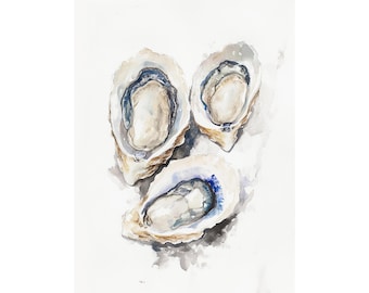 Pintura de ostras, concha de ostra, impresión artística en acuarela, decoración costera, arte de pared en tonos tierra, arte de conchas marinas