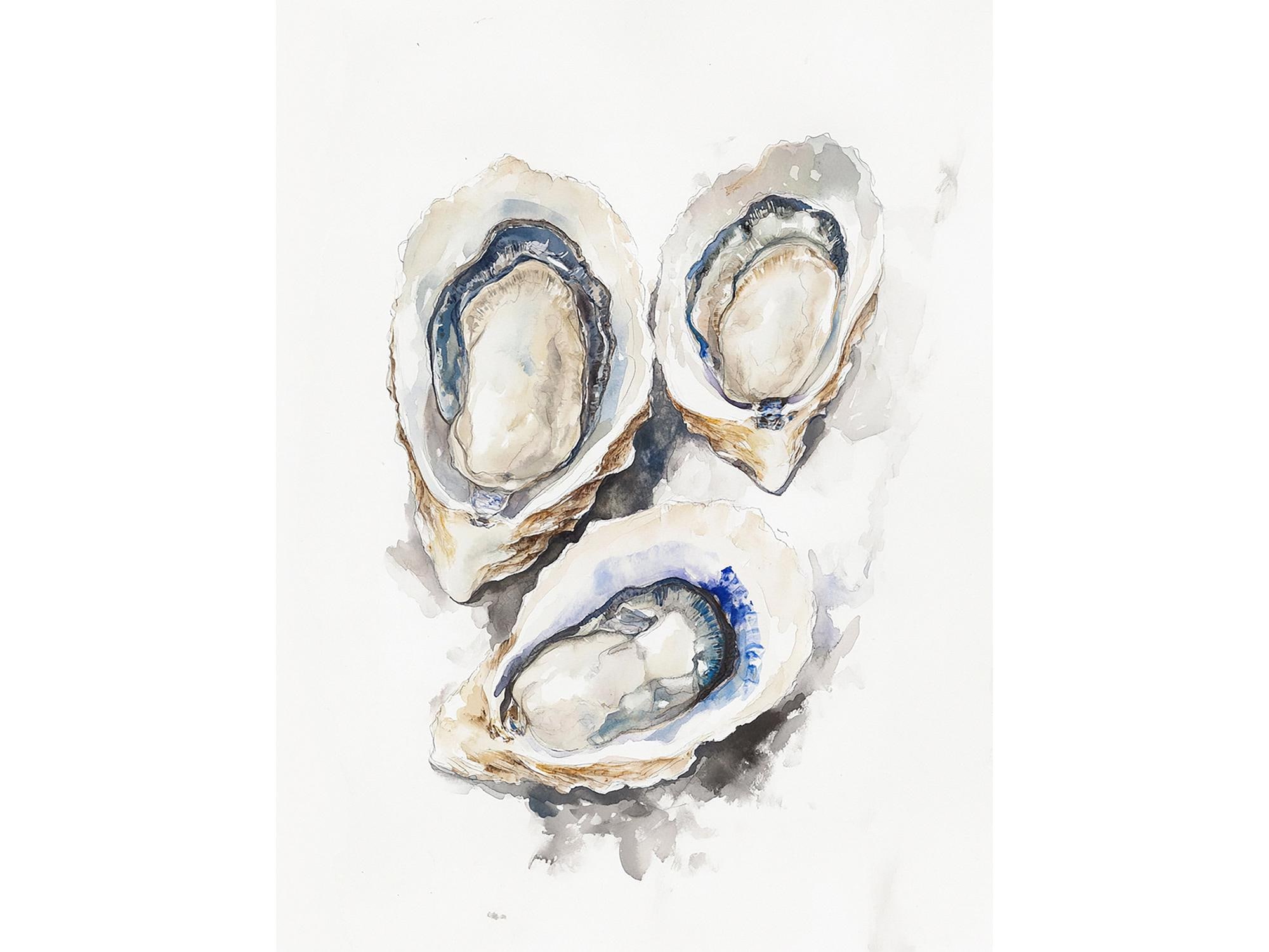 牡蠣の絵、牡蠣殻の水彩画、アートプリント、海岸風装飾、アースカラー