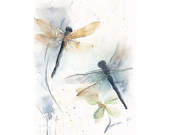 Dragonfly Art Print Abstract Watercolor Painting Wildflowers Landscape Wall Art Insect Art Dragonflies Print