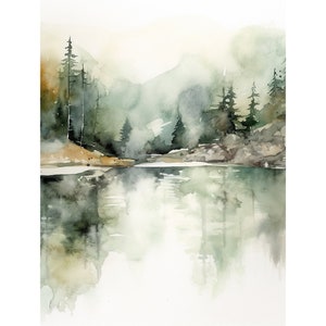 Sacerdote lago pintura Idaho acuarela montaña lago paisaje brumoso bosque lago pared arte brumoso pinos obras de arte