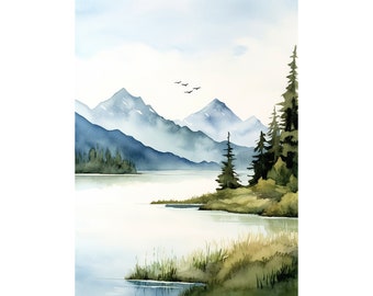 霧のかかった山の水彩画、湖のルアー、秋の風景、壁画、山、湖の