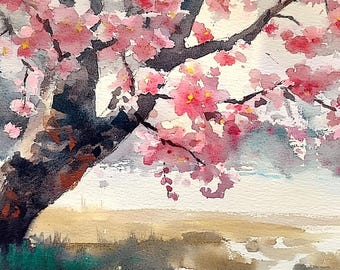 桜の絵画 桜の木の水彩画アートプリント 咲く木のプリント 桜の